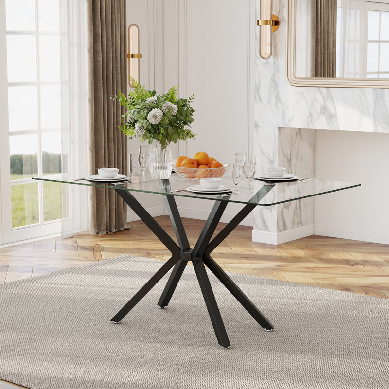 Table de salle à manger rectangulaire 47,24 "en verre trempé transparent, table de cuisine moderne à pieds en métal pour salle à manger