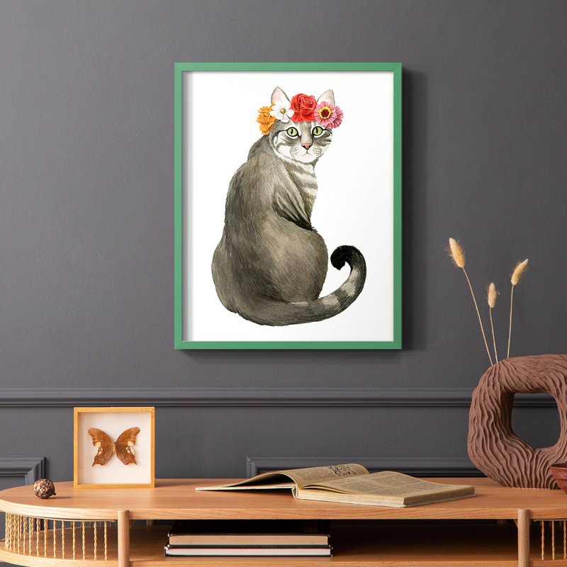 «Flower Crown Cats I», reproduction encadrée - bois massif, Cadre simple vert, H 10 po x l 8 po