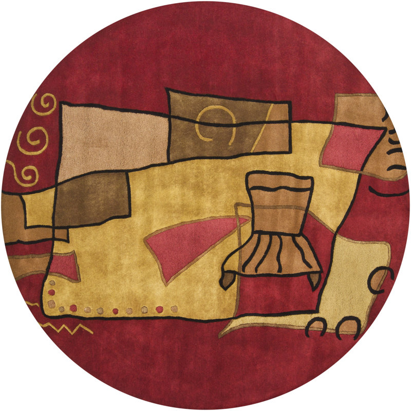 Wool Abstract Handmade Hand-Tufted Authentic Tan & Red Indoor Rug, Round 7'9"
