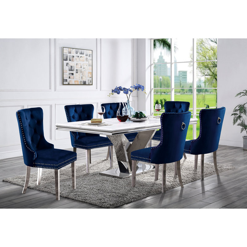 Ensemble de meubles de salle à manger capitonnés contemporains en flanelle 2 pièces, Bleu, Bleu
