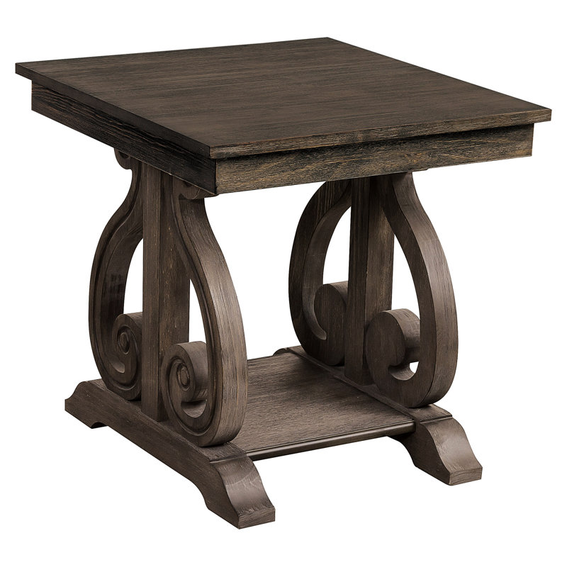Table de bout en chêne foncé avec base à volutes et tablette inférieure stable