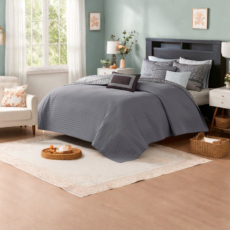 Ensemble de courtepointe luxueuse réversible en coton avec oreillers, gris moderne
