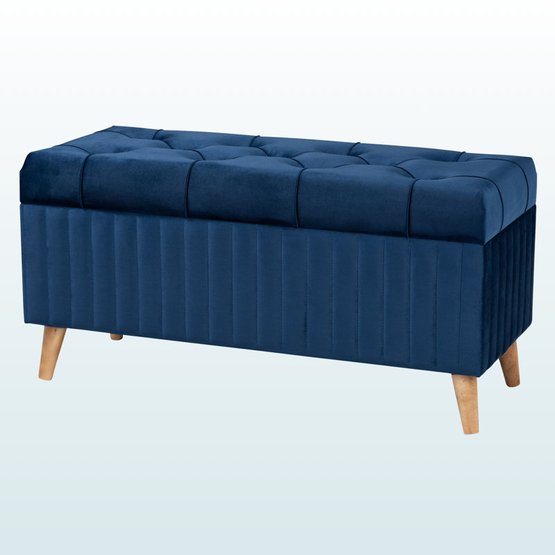 Repose-pieds rembourré en tissu bleu marine avec finition brune Runa, H 18,79 po x l 39,18 po x P 16,32 po Runa