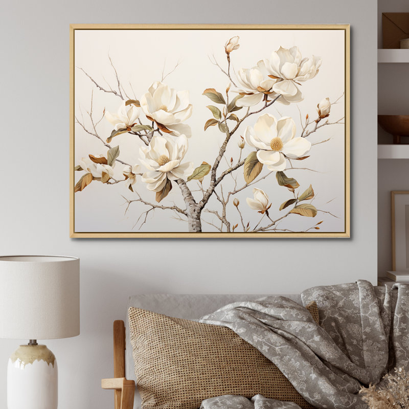 Minimalisme, fleurs de magnolia blanches sur toile, Cadre naturel flottant, H 34 po x l 44 po x P 1,5 po