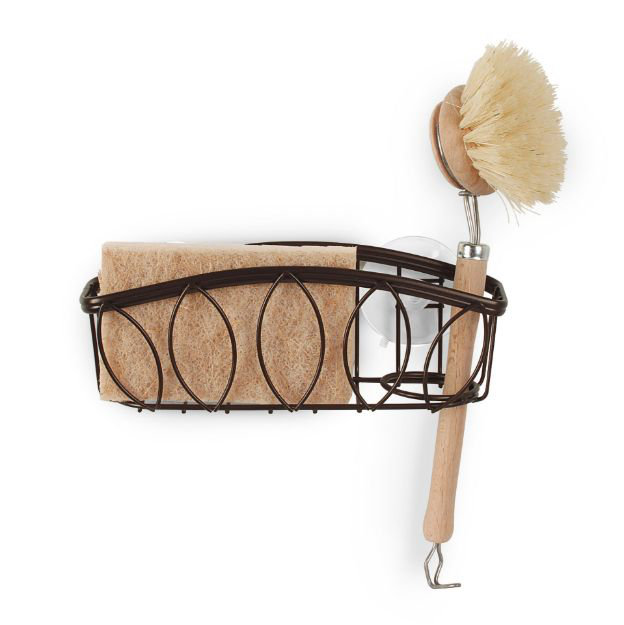 Bronze Curved Suction-Mounted Metal Sponge & Brush Holder