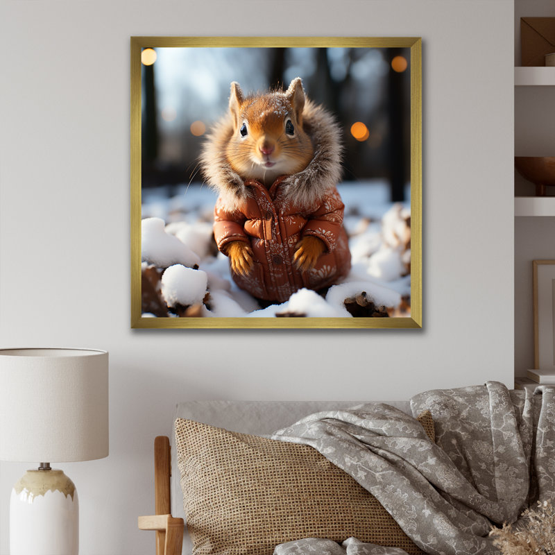 Mignon écureuil avec écharpe dans la neige IV - écureuil, art mural animal, Cadre flottant noir, H 36 po x l 36 po x P 1,5 po
