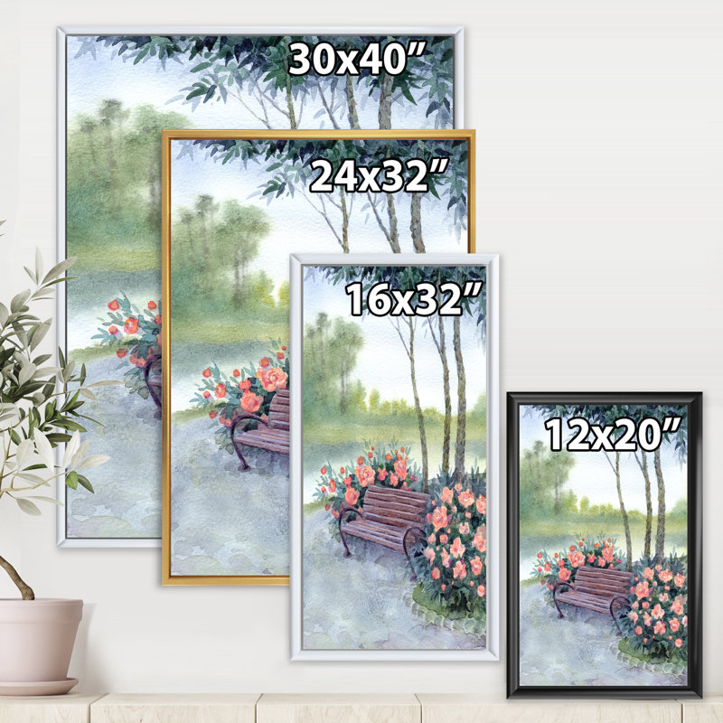 «Bench in Park» par les Pions Bushes - peinture sur toile, H 32 po x l 24 po x P 1 po, Toile avec cadre noir