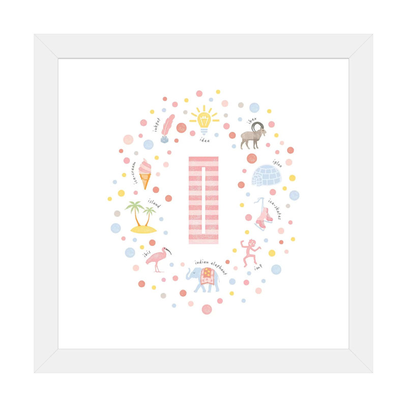 Lettre illustrée I rose - impression, H 16 po x l 16 po x p 1 po, Papier encadré blanc, Blanc