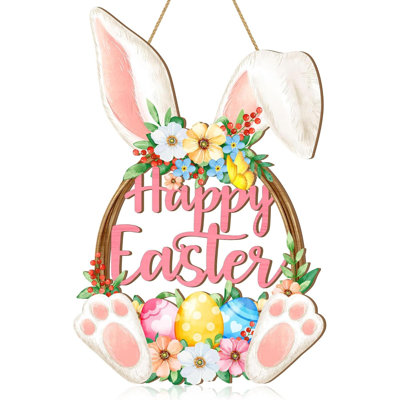 Easter Bunny Door Sign, Happy Easter Wooden Hanging Decorations, Easter Eggs Hanging Plaque Bunny Rabbit Sign Wall Hanger Floral Spring Decor For Front Door Porch Yard Wall Home Decorations