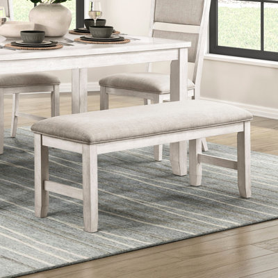 Banc contemporain de style avec finition blanche antique, siège texturé gris, profondeur de 48 po, largeur de 16 po, hauteur de 19,5 po, limite de poids de 300 lb
