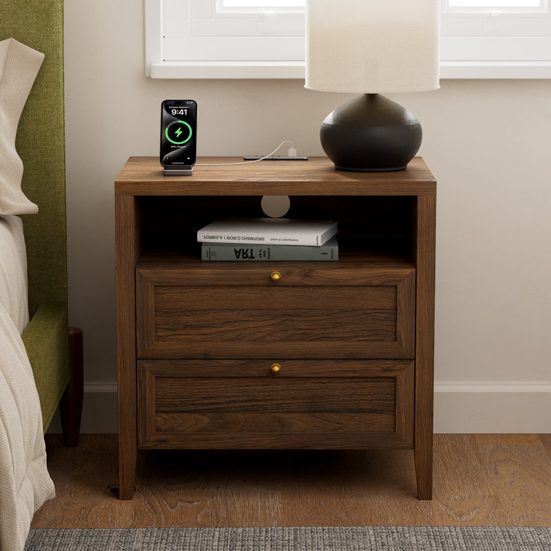 Farmhouse Nightstand With 2 Drawers And Charging Station, Brown, Individual