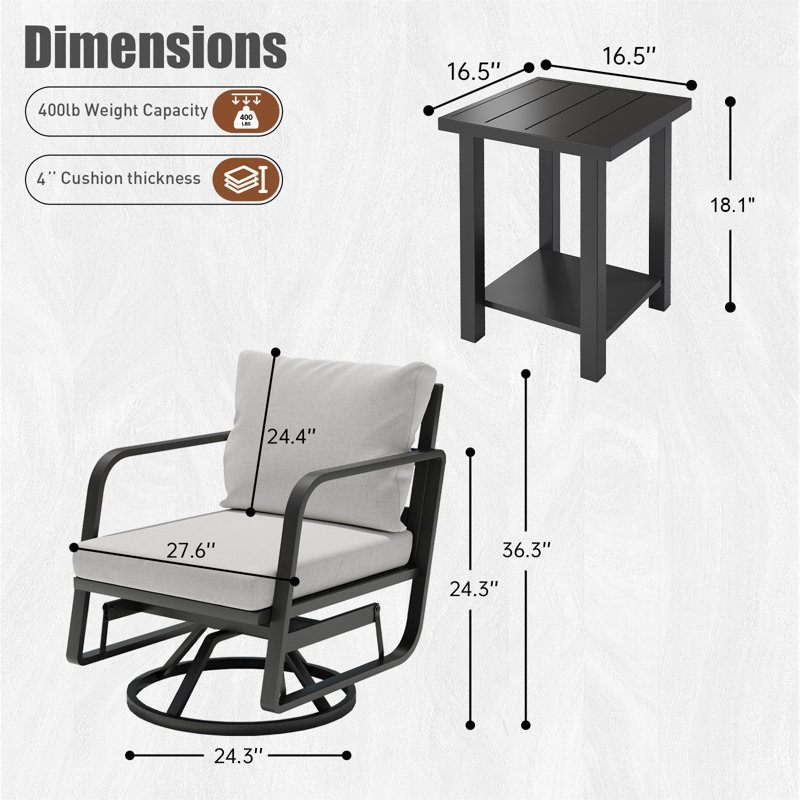 Patio Swivel Rocking Chair Sets: 3-Piece Aluminum Alloy Set with 360° Swivel Rocking Chairs (2 Chairs + 1 Table)