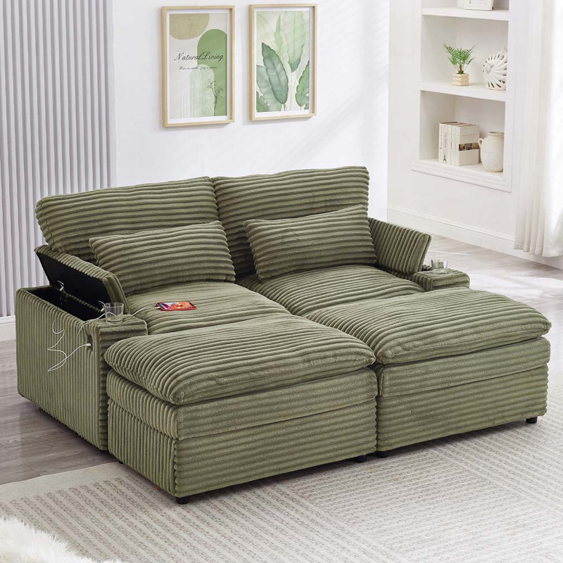 Canapé-lit modulaire en velours côtelé avec rangement Corduroy, Vert