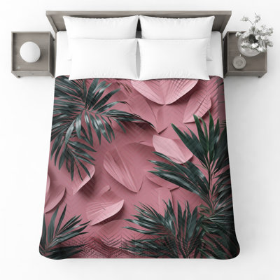 Pink Palm Leaves Bedding Tropical Bedspread Plants