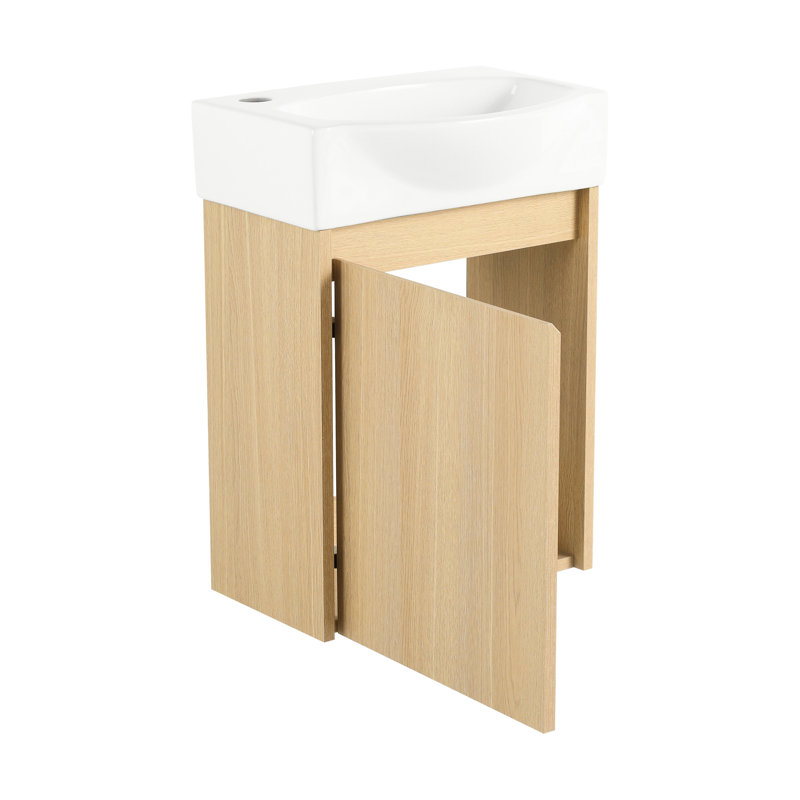 Petite armoire de salle de bain 16 po avec lavabo en céramique, meuble-lavabo moderne en chêne pour les espaces compacts, facile à entretenir, salle de bain élégante et élégante, charnière à entretenir