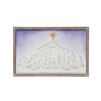 Décoration murale embossée en métal avec cadre en bois, crèche de Noël