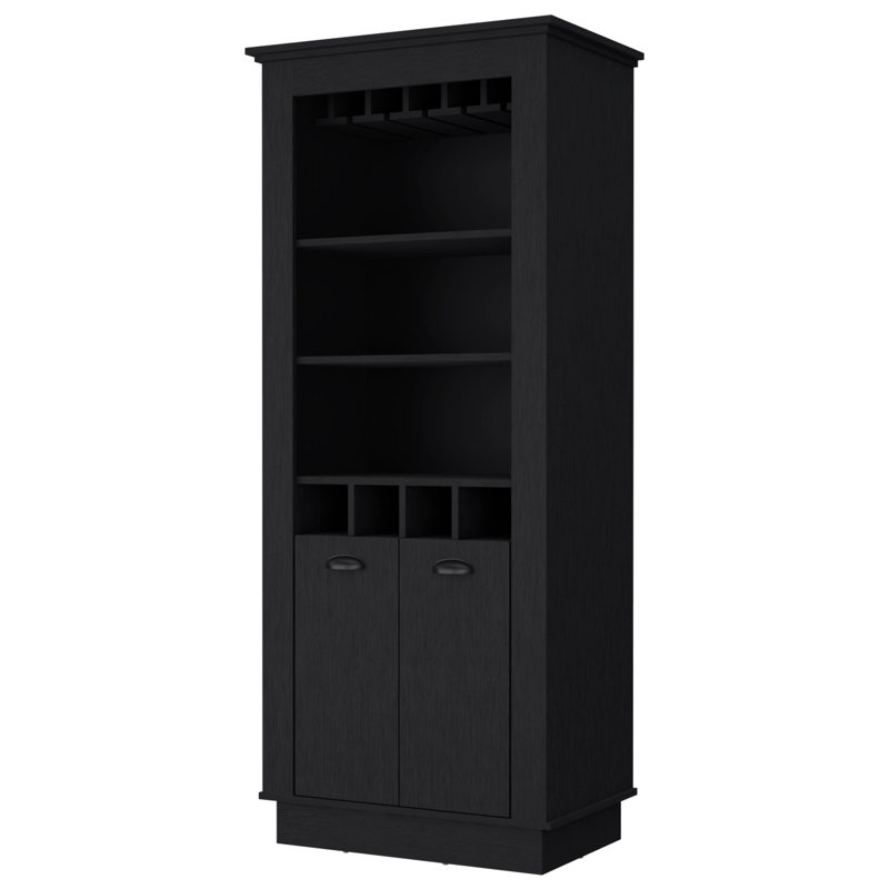 Stylish Wood Bar Cabinet With 4-Built In Wine Rack And Storage Versatile Open Shelf Options, Black