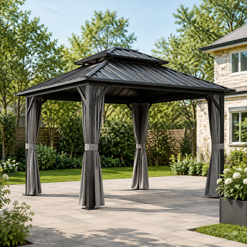 Pavillon de jardin permanent en aluminium noir 10 pi x 10 pi avec système de drainage pour l'extérieur, la cour arrière