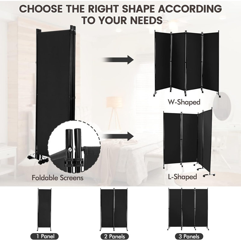 Black 4-Panel Folding Room Divider with Lockable Wheels
