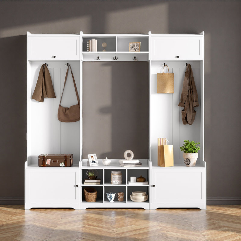79.1''Wide Modern Hall Tree With Shoe Storage, 4-In-1 Entryway Bench With 8 Cubbies, 7 Coat Hooks & Adjustable Shelf For Hallway, Living Room