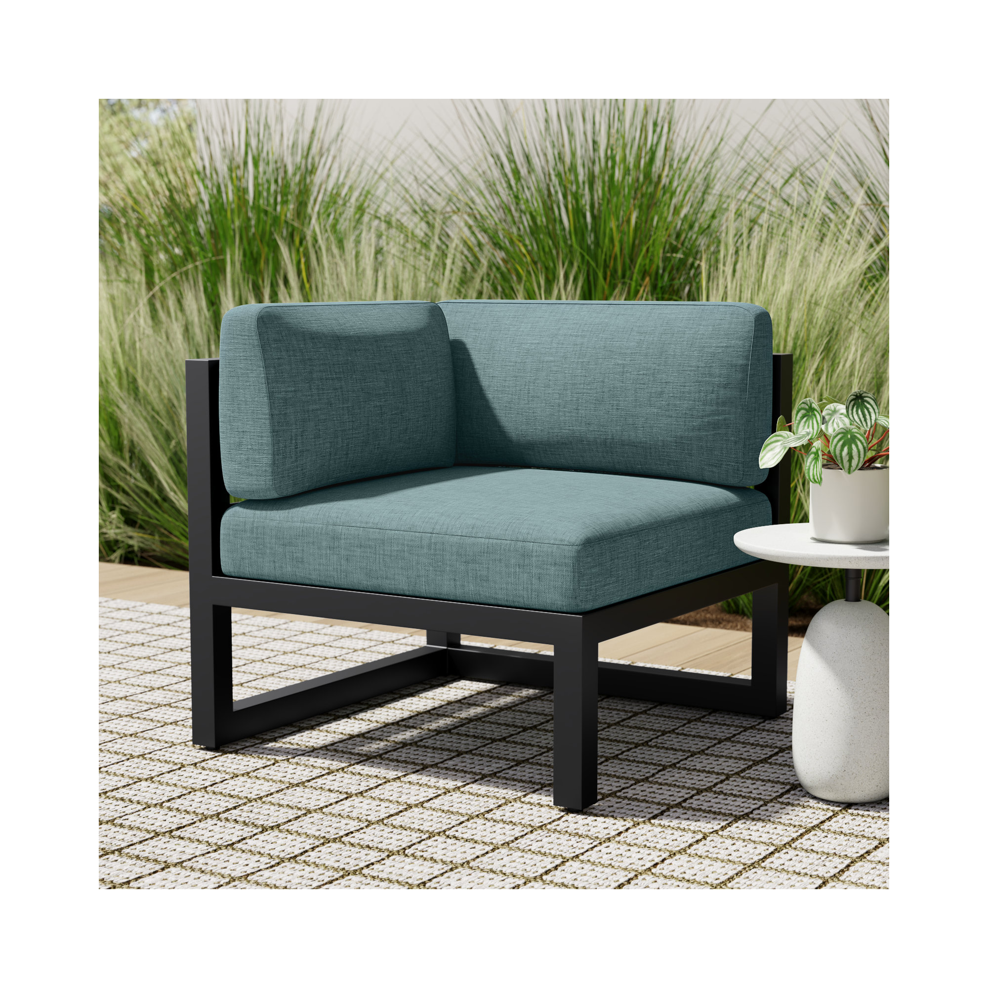 Smith Outdoor Corner Chair with Sunbrella Cushions, Cast Lagoon, Black