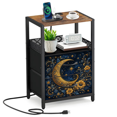 Table de chevet 2 tiroirs en tissu avec station de charge Croissant de lune orné orné de détails floraux bleu foncé étoilé