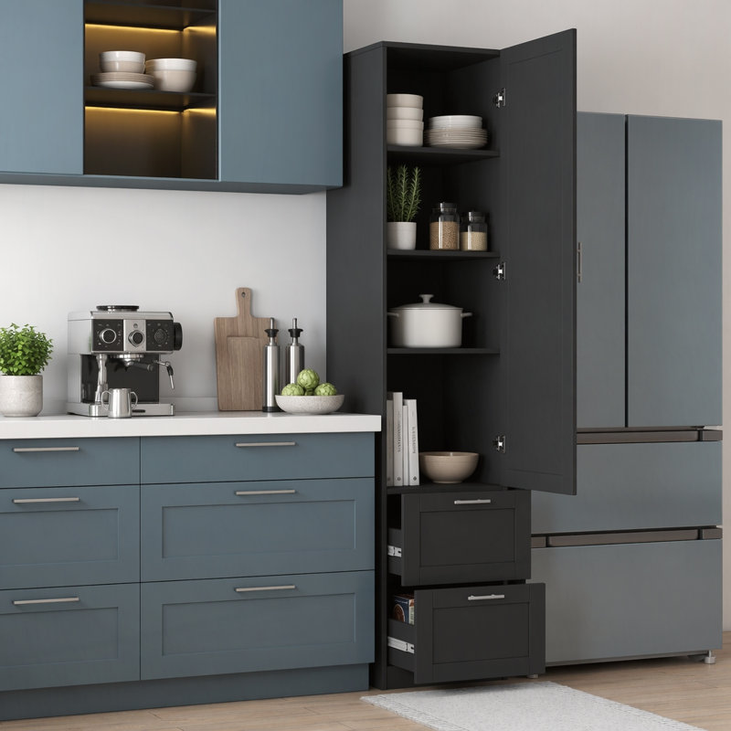Grande armoire autoportante autoportante avec porte et 2 tiroirs, tablettes réglables, Black