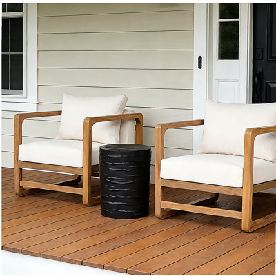 Set of 2 Acacia Wood Lounge Chairs with Cushions & Lightweight Concrete Side Table – Black