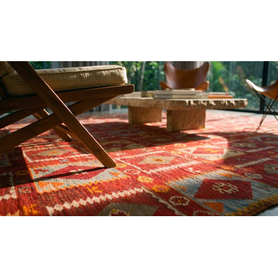 Graphic Tribal Geometric Antique Red Turkish Kilim Flatweave Rug
