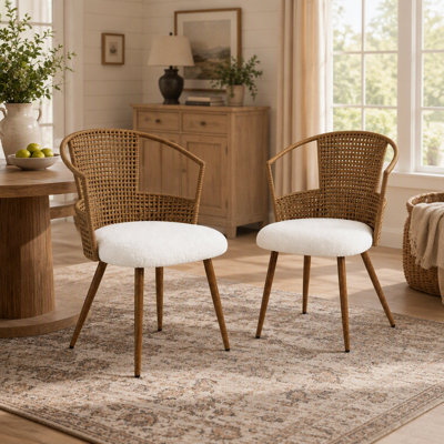 Ensemble de 2 chaises de salle à manger en rotin PE, chaise d'appoint bohème tressée avec pieds en métal, chaise rembourrée pour salle à manger, cuisine ou salon