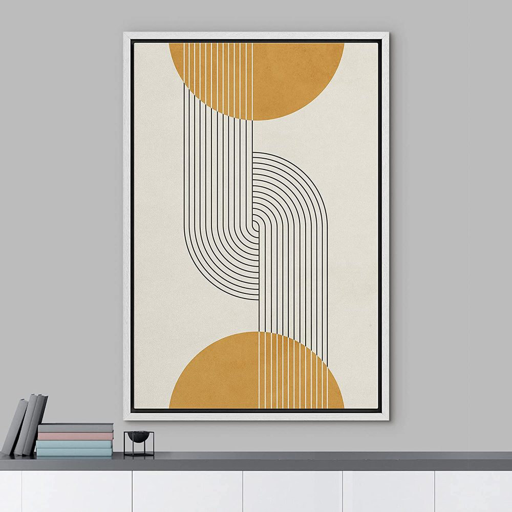 Mid Century Modern Boho Dark Line Art Illusions With Yellow Spheres - Graphic Art on Canvas IDEA4WALL Frame 