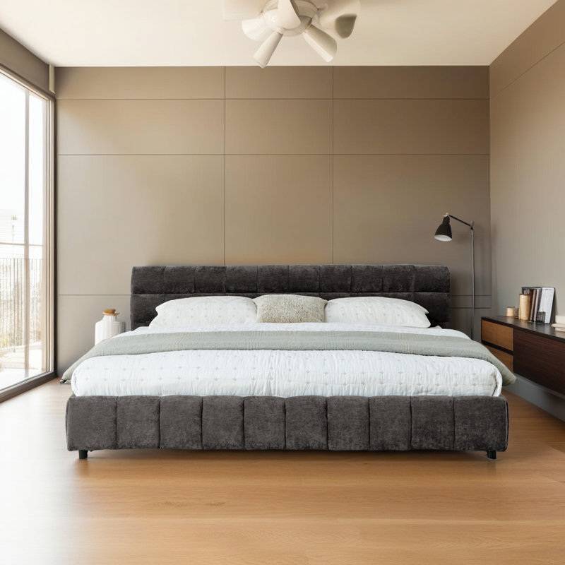 Lit plateforme tapissier très grand avec chenilles en tissu Chenille, Gris foncé, Très grand lit