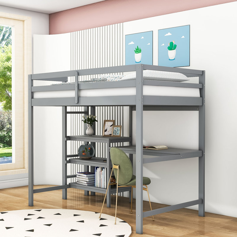 Marcia Wooden Loft Bed with Shelves,Desk and Writting Board, Full, Gray