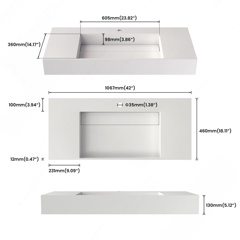 Basin 42" Solid surface , Matte White Color
