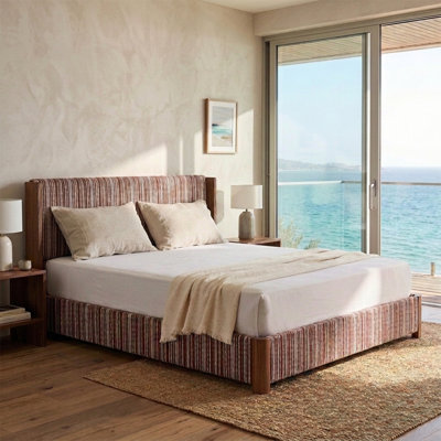 Coastal Striped Upholstered Bed with lift up Storage, King, Ocher Linen