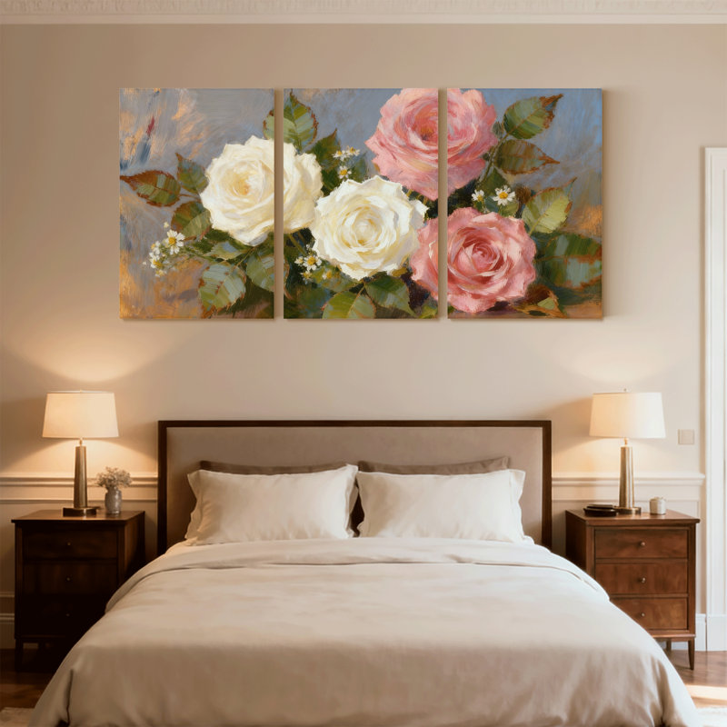 «Rose Rose Floral Bouquet», ensemble de 3 reproductions d'art sur toile, H 18 po x l 36 po