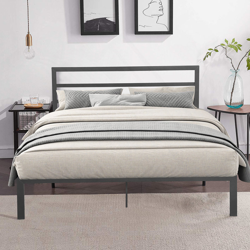 Metal Bed Frame with Headboard, Charcoal Gray