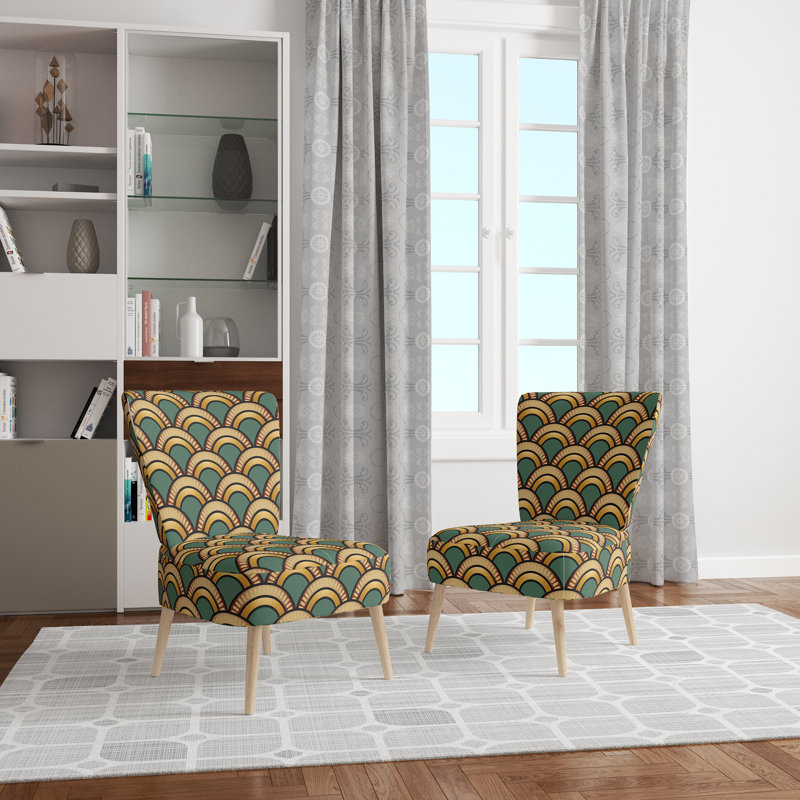 Upholstered Floral Side Chair - Modern floral Accent Chair, Geometric Gold/Teal Polyester Blend