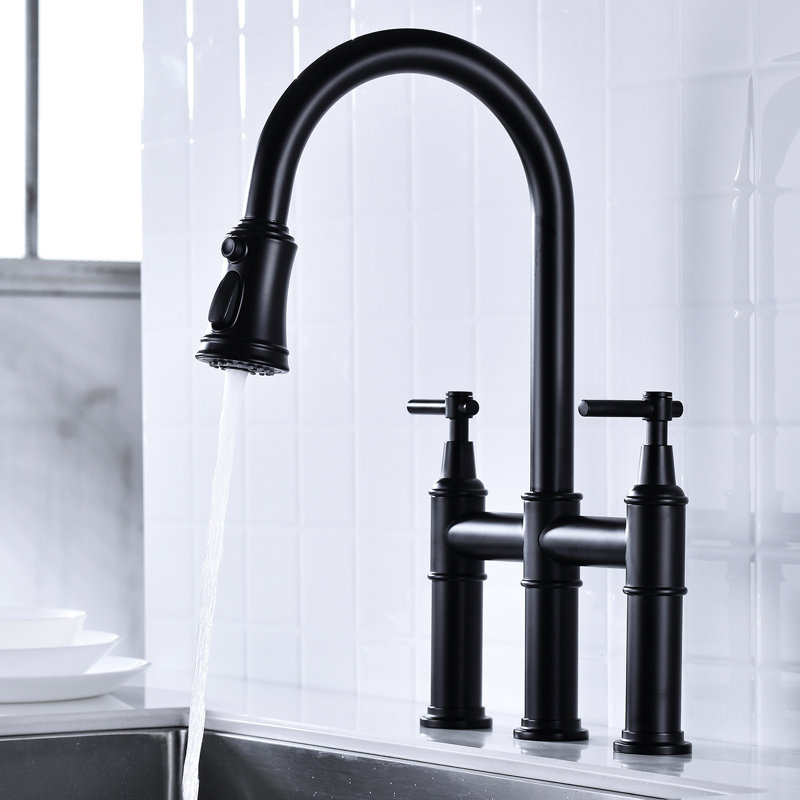 Robinet de cuisine noir mat avec fonction rétractable - Deux poignées pour une gestion précise de l'eau. Buse rotative à 360 degrés à zone de nettoyage élargie.