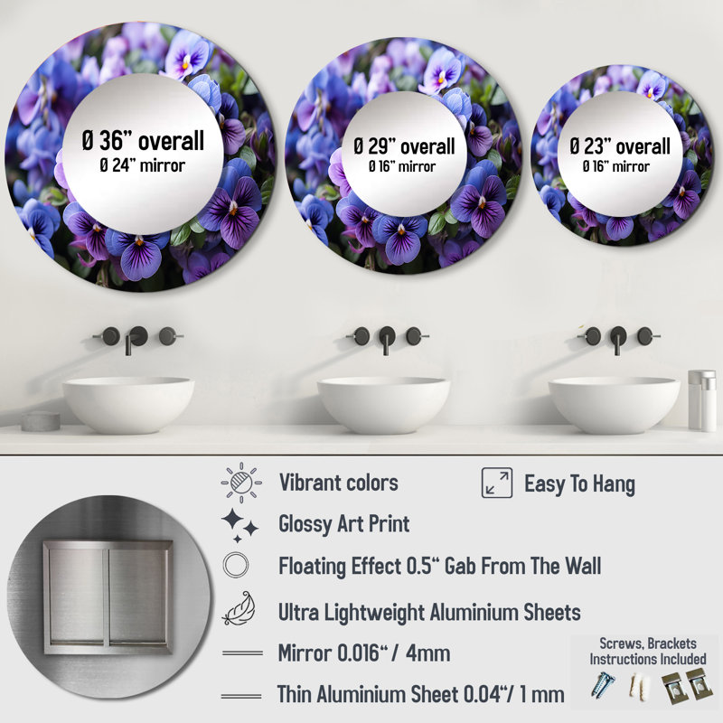 Purple Pansies Field Vibrant - Pansies Mirror, Traditional Round Decorative Wall Mirror, Printed Metal Art, 36" x 36"