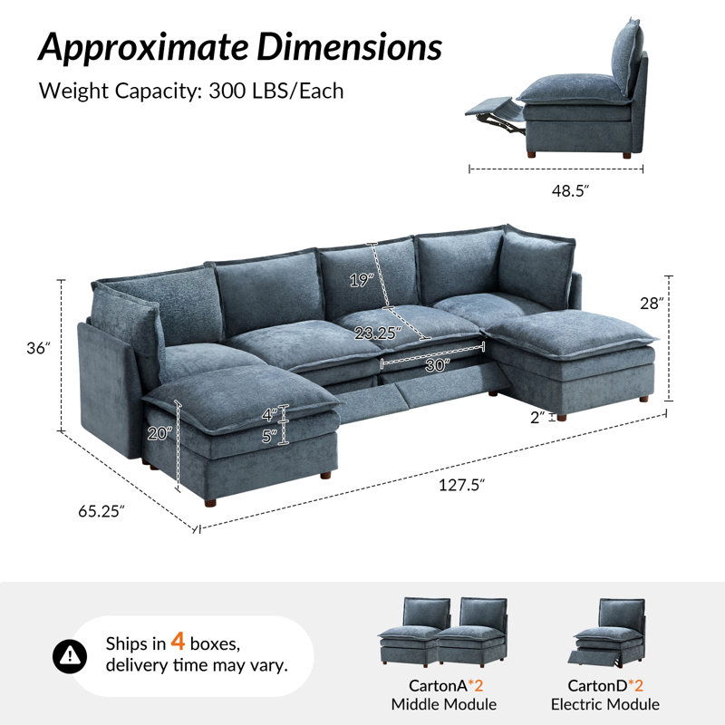 Canapé modulaire surdimensionné à double couche avec rangement et pédale extensible Cashin, Polyester bleu