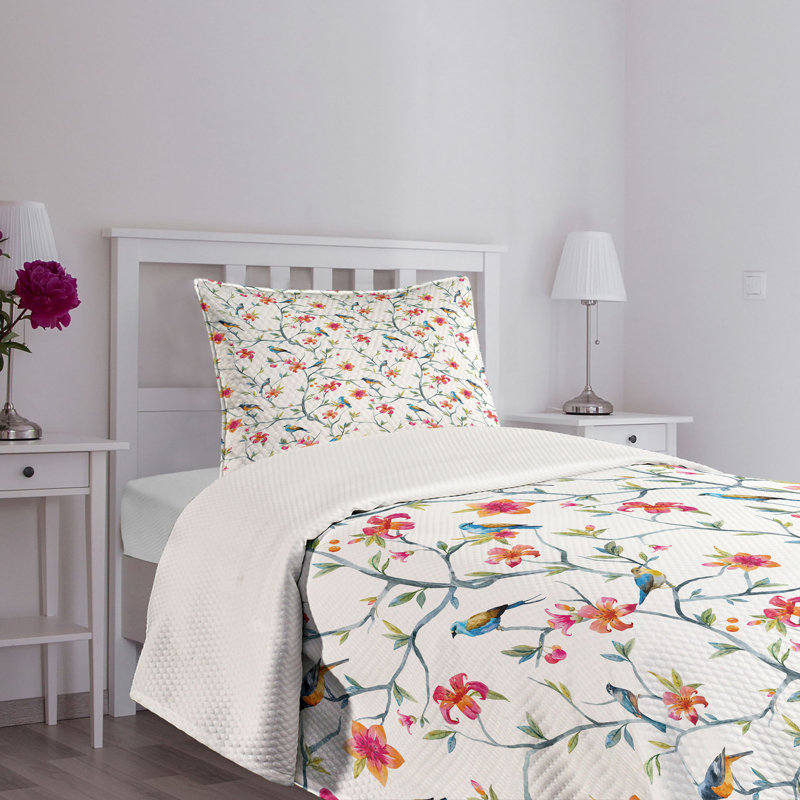 White Twin Quilted Bedspread Set with Floral Design