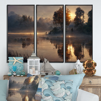 «Morning Fog Over The Lake Sunset IV», reproduction d'art sur toile 3 pièces