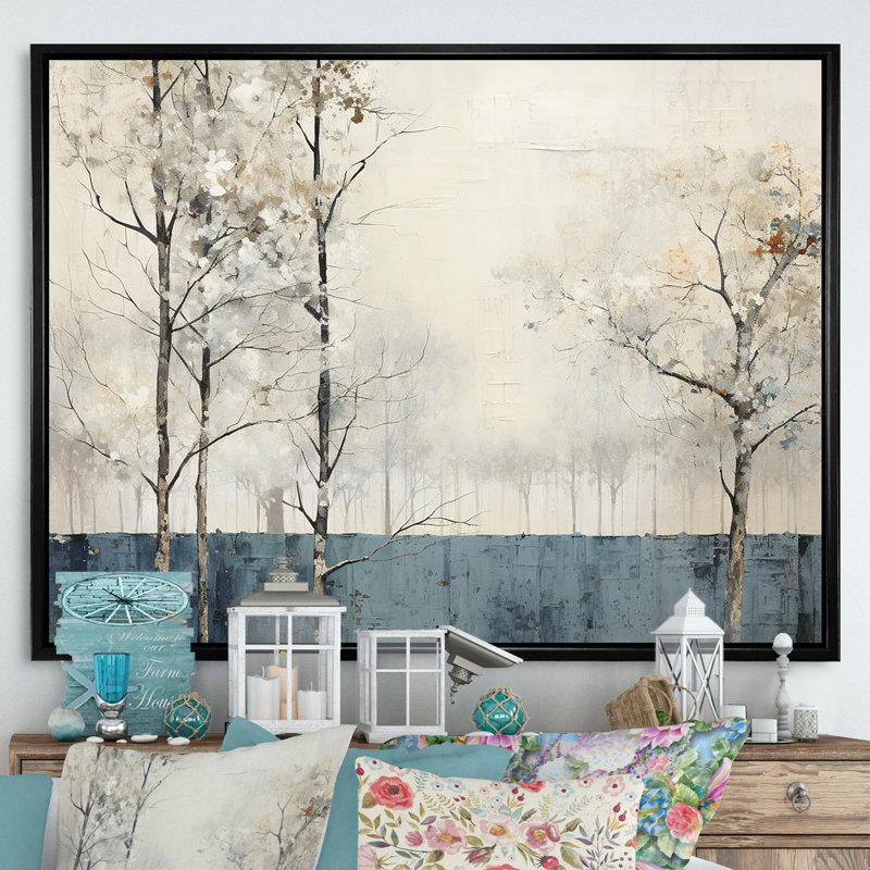 Beige minimalisme, forêt calme de la rivière I, Cadre flottant noir, H 24 po x l 32 po x P 1 po