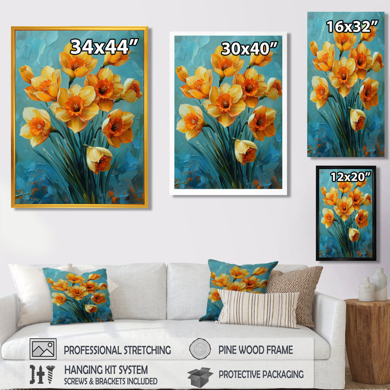 Jonquilles jaunes et orange vibrantes - Décoration murale jonquilles, H 24 po x l 32 po, Toile tendue