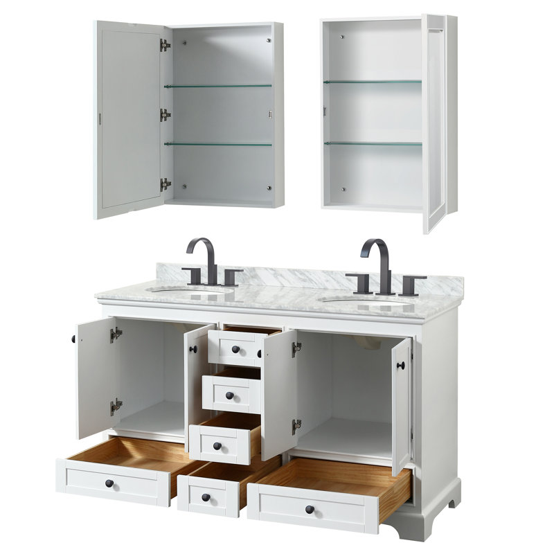 Deborah 60'' Double Bathroom Vanity with Marble Top, White, Matte Black