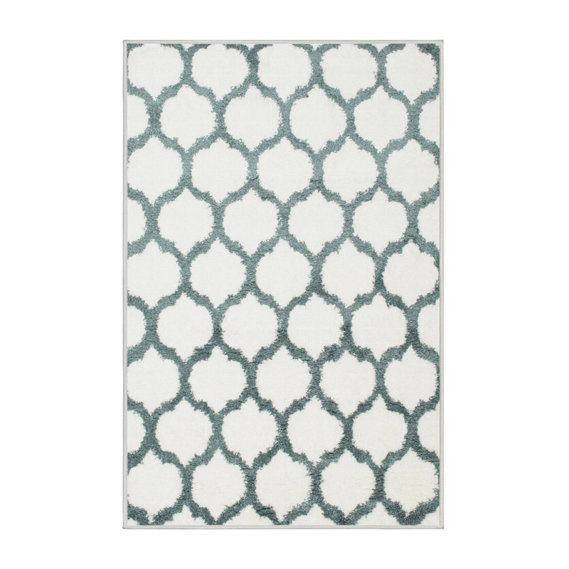 Tapis contemporain blanc / vert, Rectangle 5 pi x 7 pi