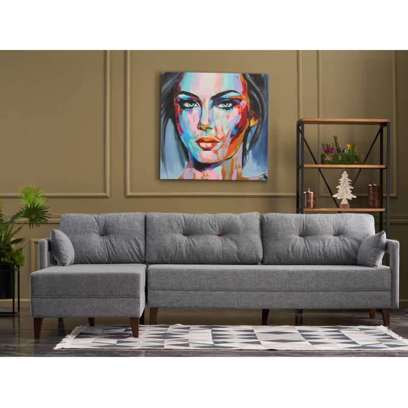Upholstered L-Shaped Sectional, Grey, Left Hand Facing