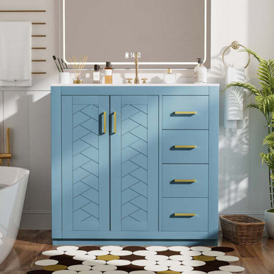 Meuble-lavabo de salle de bain avec lavabo en céramique, 3 tiroirs et portes à fermeture douce