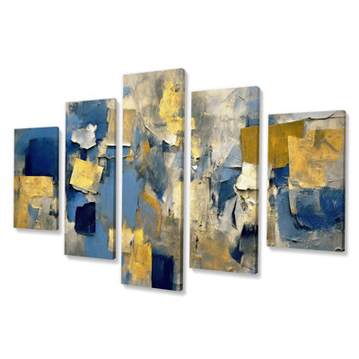 «Lyrical Abstraction In Blue And Yellow II - Abstract Collages», reproduction sur toile - 5 panneaux